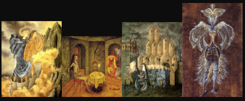 Horizontal collage of four Remedios Varo paintings