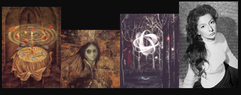 Collage strip of Varo paintings and a portrait photograph